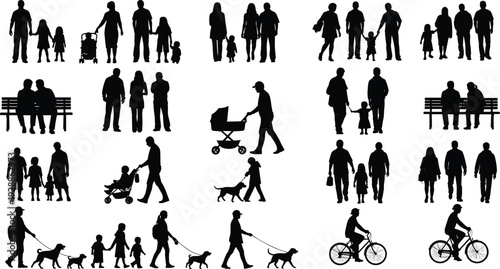Vector illustration of people silhouettes, family and social activities, walking cycling sitting, urban lifestyle motifs, leisure interactions artwork