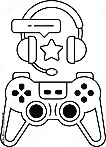 A black and white drawing of a video game controller with a headset