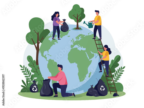 People cleaning and taking care of the Earth with trash bags and watering can  environmental conservation and sustainability concept