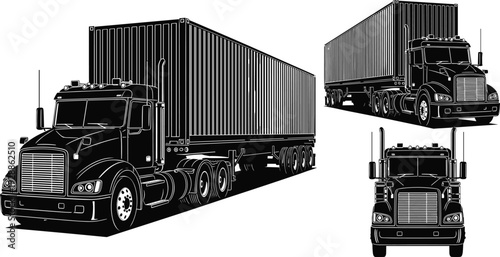 Vector illustration of semi-truck designs, black and white freight vehicle artwork, container trailer perspectives, detailed transport motifs, commercial trucking elements
