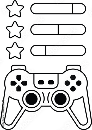A black and white image of a video game controller with three stars
