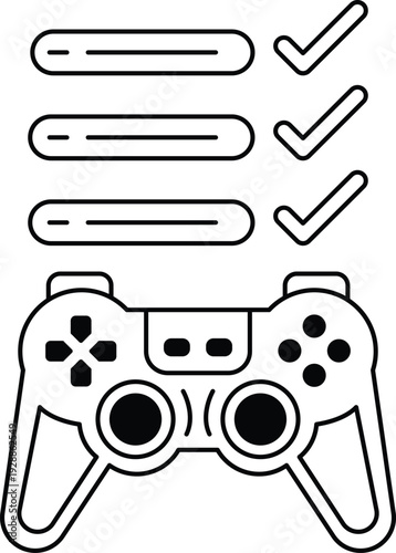 A black and white image of a video game controller with a check mark on it