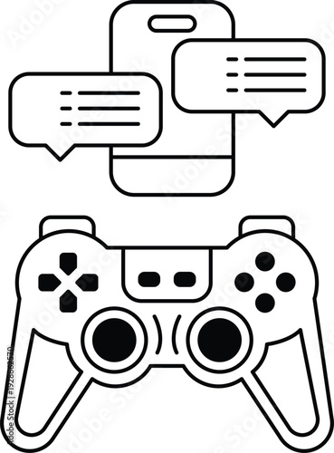A black and white image of a video game controller with a phone