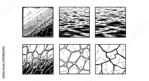 Collection of six textured and cracked surfaces in black and white