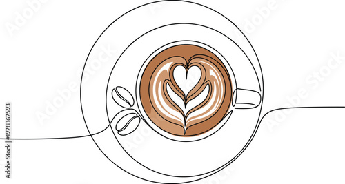 Minimalist continuous line drawing coffee cup with heart latte art, saucer and beans, elegant modern cafe beverage illustration