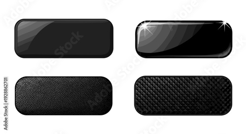 Collection of four sleek black buttons with various textures and finishes