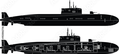 Vector illustration of submarine designs, black and white silhouette and cutaway views, internal compartments, naval engineering artwork, underwater vessel structure