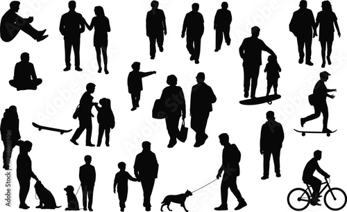 PrintPeople silhouette illustration collection, walking, sitting, skateboarding, cycling, dog walking, family interaction, everyday lifestyle activity concept