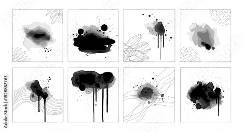 Collection of black ink splashes and paint drips