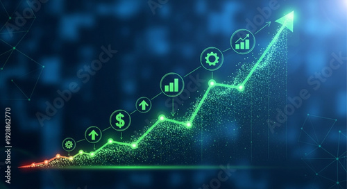 Green financial growth chart with upward arrow and icons.