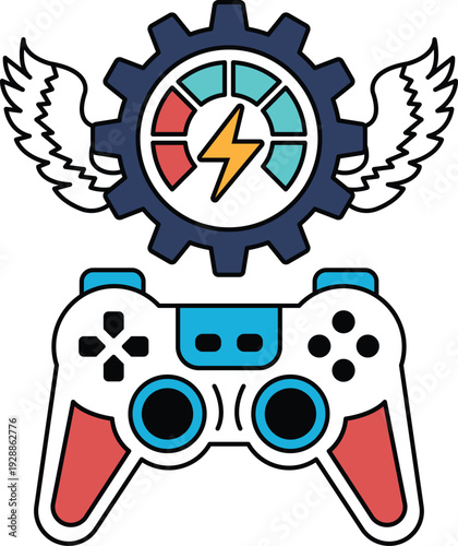 A black and white drawing of a video game controller with a gear