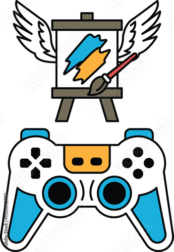A black and white drawing of a video game controller and a paintbrush