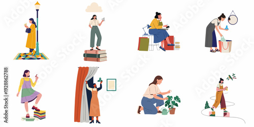 Modern Women's Daily Lives and Aspirations: A Collection of Illustrations Depicting Learning, Work, Hobbies, Self-Care, and Personal Growth in Contemporary Settings.