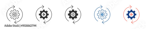 Concept of continuous process, workflow, refresh, and automated system settings represented by a gear and circular arrow multi-icon set