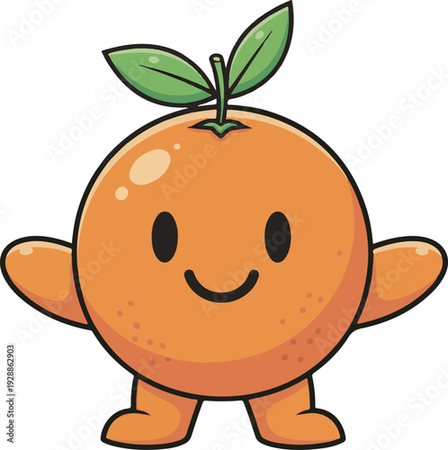 Cute cartoon orange fruit character with a smiling face, two green leaves on top, small arms, and tiny feet, isolated on white background