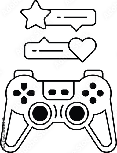 A black and white image of a video game controller with a heart and stars on it