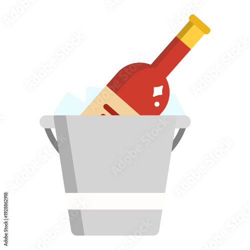 Wine or champagne bottle cooling in a metal ice bucket.