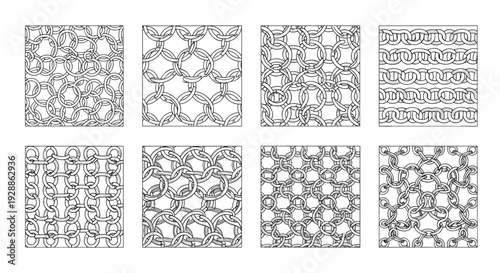 Collection of eight different black and white geometric pattern designs