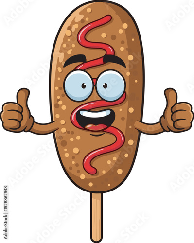 Cartoon corn dog character with brown breading, red ketchup drizzle, white eyes, and a wide happy smile giving two thumbs up, isolated on white background