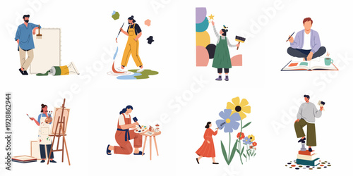 A collection of diverse artists engaged in various creative endeavors, including painting, drawing, and imaginative conceptual art, symbolizing artistic expression and personal growth.