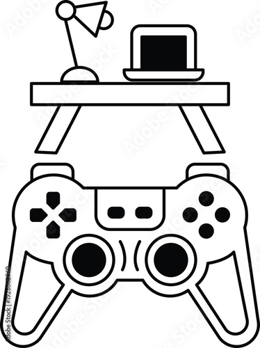 A black and white image of a video game controller with a laptop
