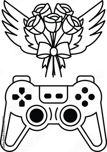 A black and white drawing of a video game controller and a bouquet of roses