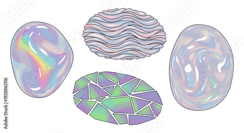 Set of colorful iridescent and holographic oval and irregular shapes