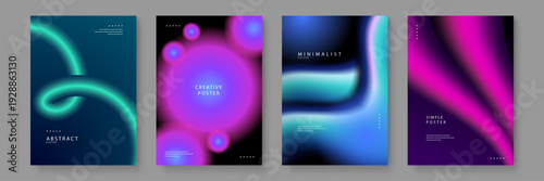 Collection of four abstract posters featuring colorful liquid gradients and fluid 3D shapes on dark backgrounds for modern aesthetic decor