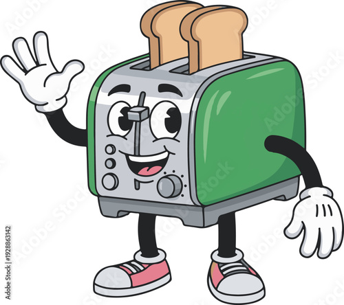 Cartoon green and silver toaster character with two slices of bread, smiling and waving with white gloved hands, wearing red and white sneakers, isolated on white background
