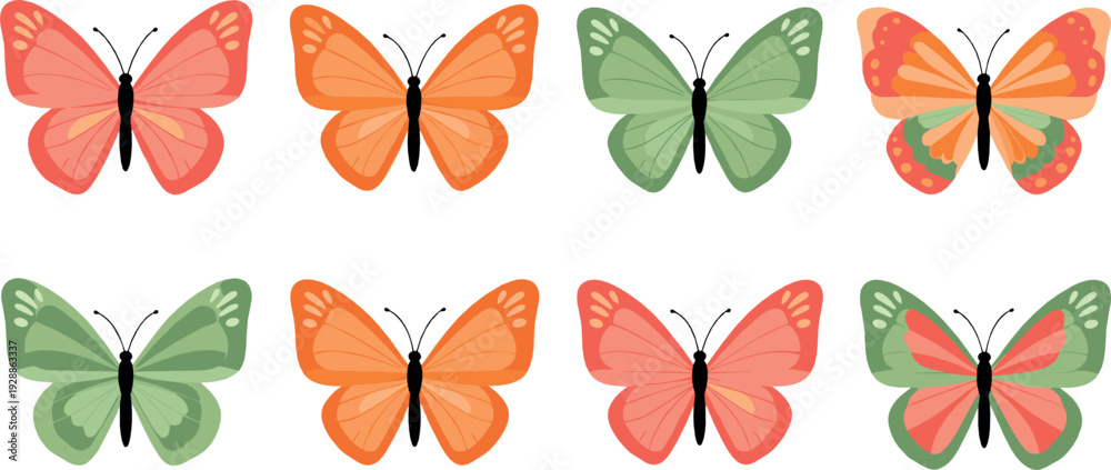 Fototapeta premium Colorful butterfly vector illustration set with different wing patterns and vibrant spring insect collection