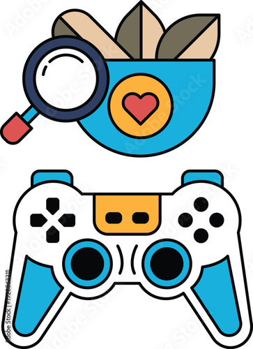 A black and white drawing of a video game controller and a magnifying glass