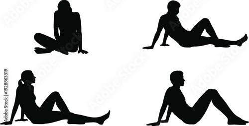 Set of black silhouettes featuring men and women sitting on the ground in relaxed poses, diverse figures isolated on white, (20 words)