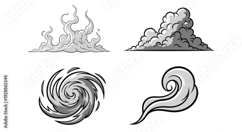 Set of four different stylized cloud and wind illustrations