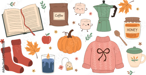 Cozy autumn hygge vector set with pumpkin, sweater, coffee, honey and warm fall home elements illustration