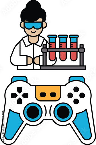 A woman in a lab coat is holding a video game controller