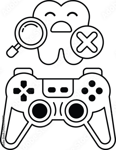 A black and white image of a video game controller with a toothbrush