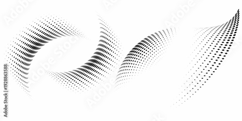 Abstract dotted halftone waves collection. Black and grey digital wavy dot, twisted wave line and halftone gradient pattern