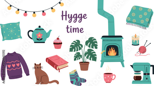 Cozy hygge lifestyle vector illustration set with fireplace, sweater, tea, cat and warm home decor elements