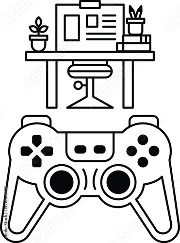 A black and white drawing of a video game controller with a desk