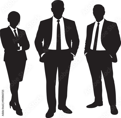 Three business people silhouettes in formal suits standing against a white background