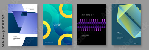 Collection of four professional abstract posters featuring geometric blue folds circles purple lines and yellow wireframes for corporate branding