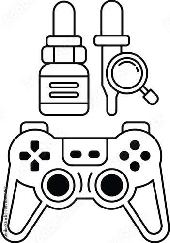 A black and white image of a video game controller with a bottle