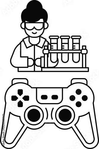 A woman in a lab coat is holding a video game controller