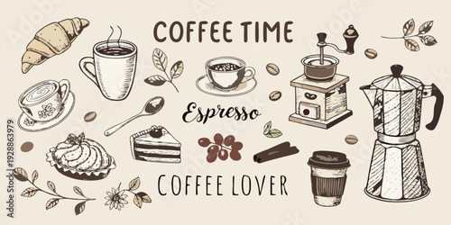 Hand drawn coffee doodle set with espresso icons and cafe elements. Vintage coffee shop vector illustration featuring moka pot, grinder, and beans. Set of various coffee elements.