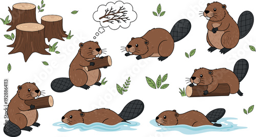 Cute beaver cartoon character vector set with different poses, tree stumps and woodland river scene illustration