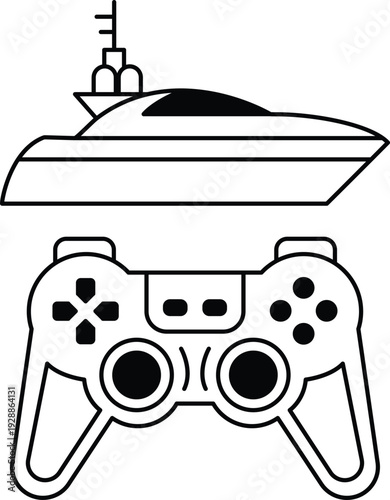A black and white image of a boat and a video game controller