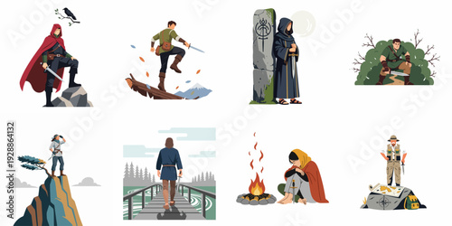 Fantasy Adventure Journey: Illustrations of Diverse Warriors, Explorers, and Mysterious Figures Embarking on Epic Quests Through Ancient and Mystical Landscapes.