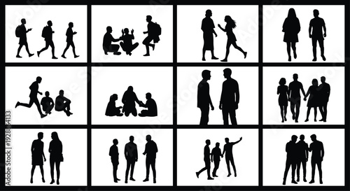 Silhouette people social interaction vector, walking talking sitting gestures, communication body language, human connection illustration, group activity design