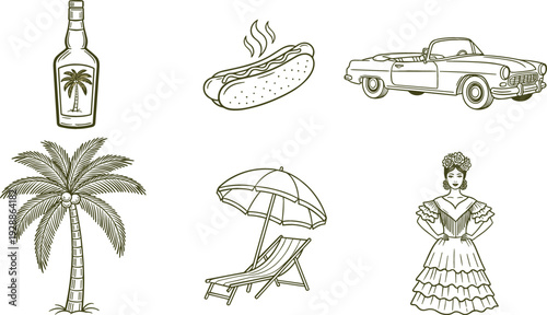 Vintage lifestyle illustration collection with palm tree, classic car, wine bottle, food, lounge chair, and traditional woman, hand drawn flat vector set for travel and retro design