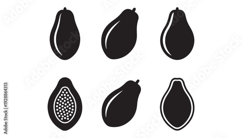 black color Papaya fruits set of silhouette vector illustration, solid white background